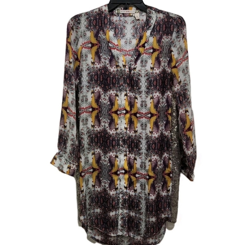 Chelsea & Violet Women's XS Peacock Print Mini Shirt Dress Sequin Sides Artsy